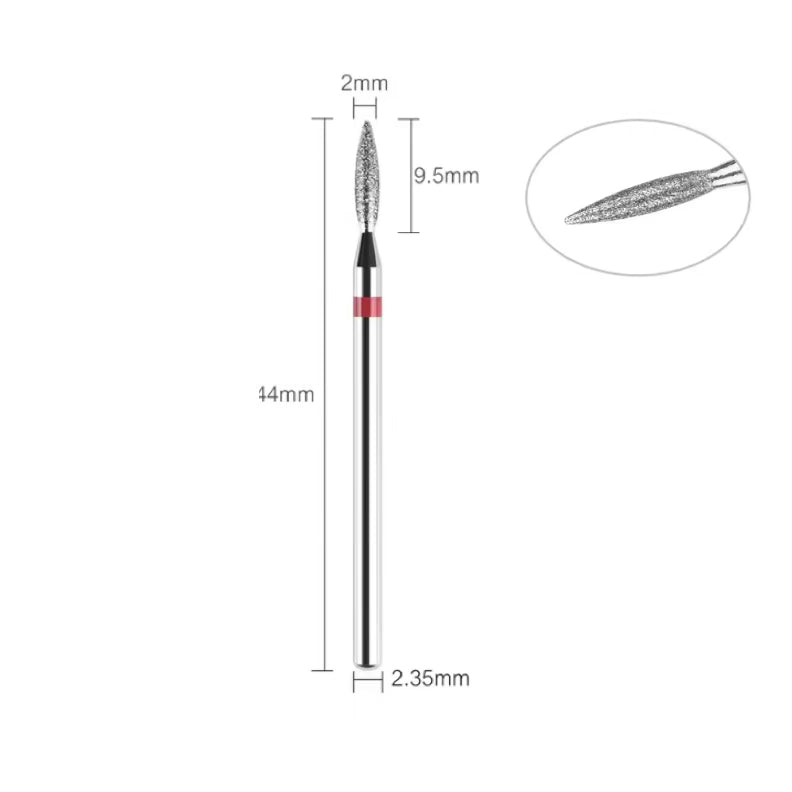 UNS tapered diamond flame nail drill bit for fine nail filing, showing a close-up of the precision tapered tip and textured surface.