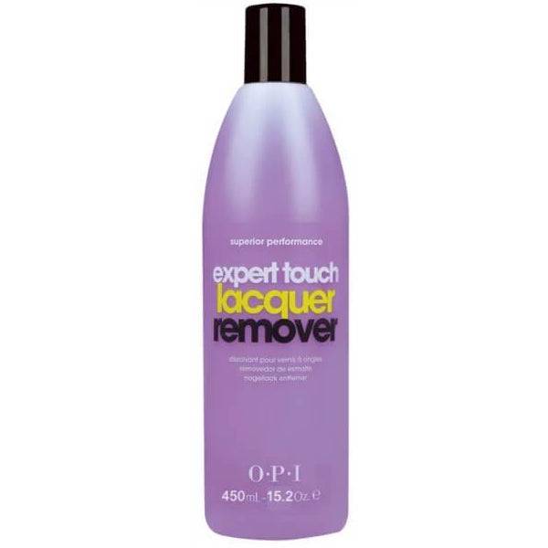 OPI Expert Touch Lacquer Remover bottle, 15.2 oz, in a clear container with a white cap, used for nail polish removal.