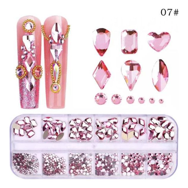 Sofi-Art New Multi Shapes Nail Art Rhinestones – Rose Pink (12-grid box) - Universal Nail Supplies
