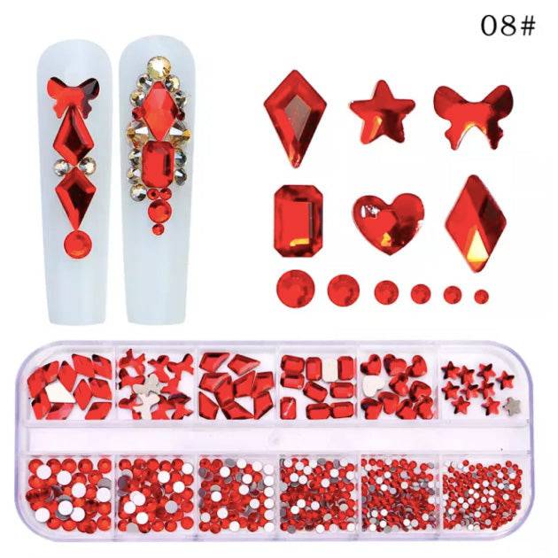 Sofi-Art New Multi Shapes Nail Art Rhinestones – Red (12-grid box) - Universal Nail Supplies