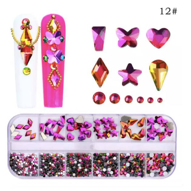 Sofi-Art New Multi Shapes Nail Art Rhinestones – Magenta Pink (12-grid box) - Universal Nail Supplies