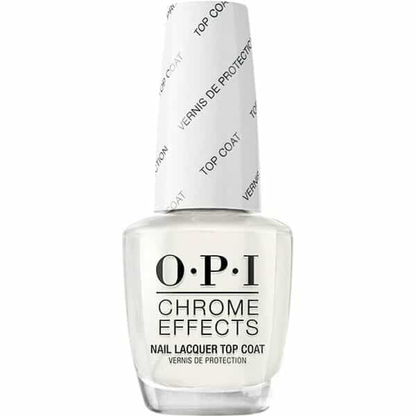OPI Lacquer Chrome Effect Topcoat in 0.5 fl oz, showcasing a sleek, shiny finish for powder nail color application.