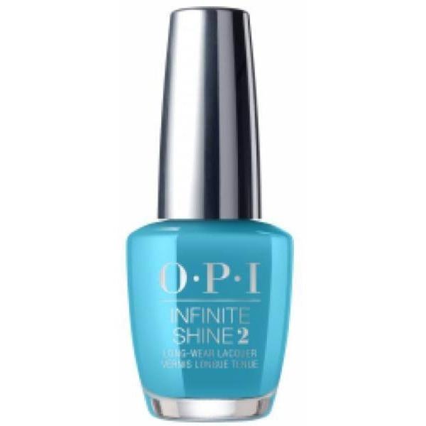 OPI Infinite Shine Can't Find My Czechbook nail polish bottle with purple nail polish in a sleek glass container.