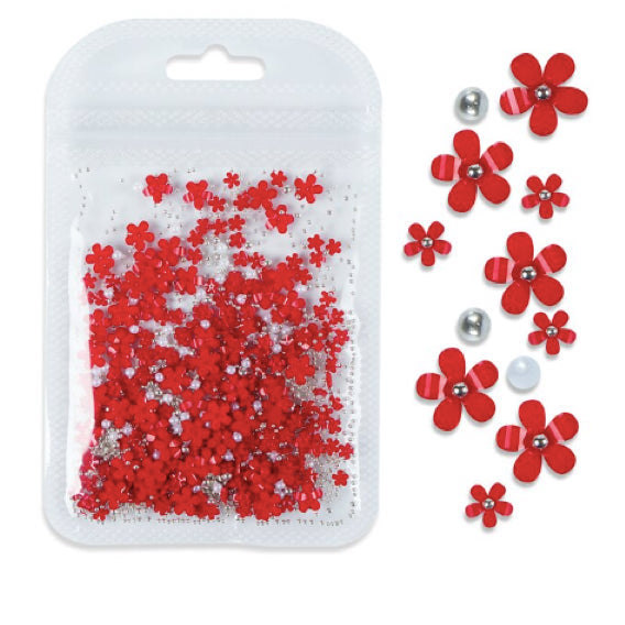 Nail art 3D flower decoration with red and silver mixed size charms for nail jewelry and embellishments.