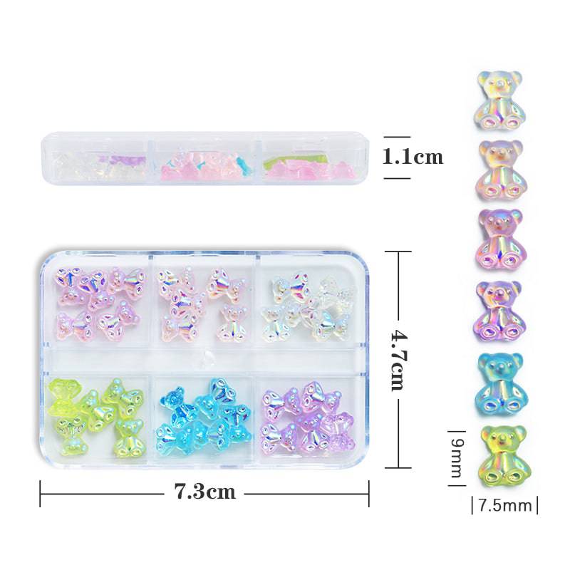 6 Grids 3D Cute Resin Bear Nail Charms Colorful Bear Rhinestones Nail Art - Universal Nail Supplies