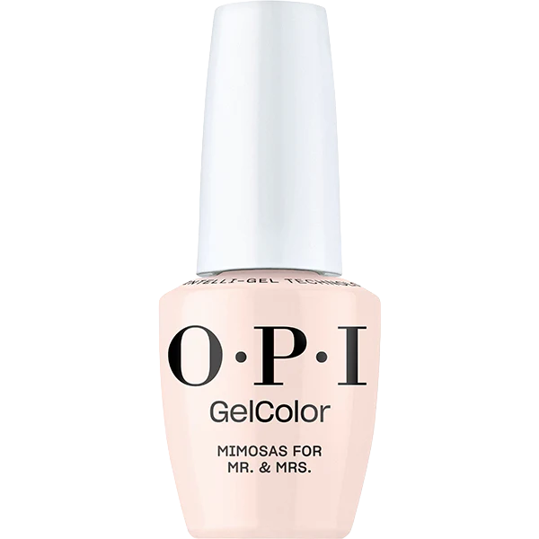 OPI Intelli GelColor Mimosas for Mr. & Mrs. gel nail polish bottle with pastel orange shade and sleek label design.