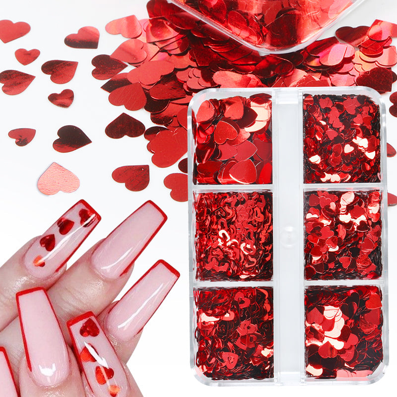 Mixed Love Heart Valentines Decoration Red Glitter Flakes 6 Grids - Universal Nail Supplies