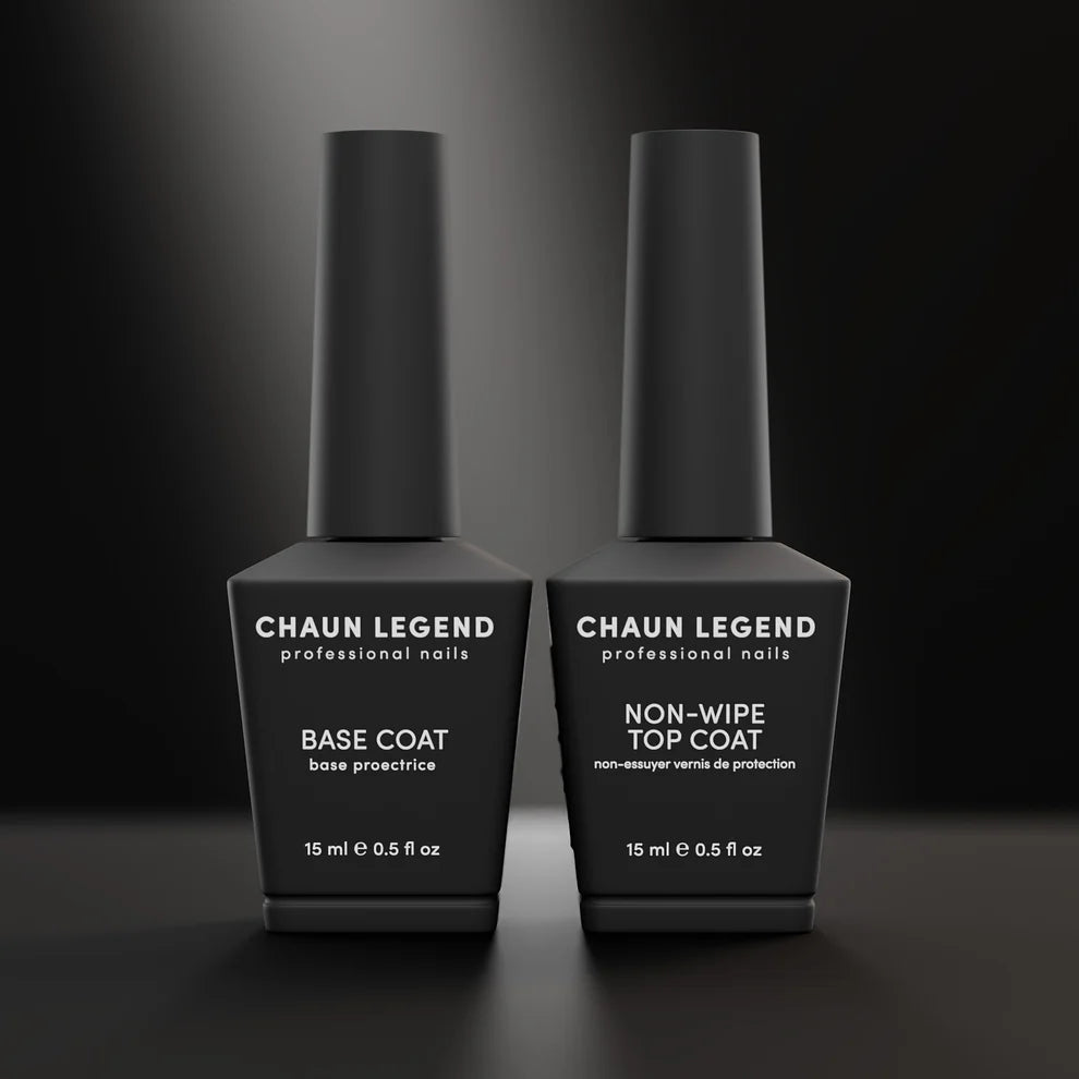 Chaun Legend professional gel nail duo featuring base coat and non-wipe top coat in 15mL bottles, perfect for durable manicures.