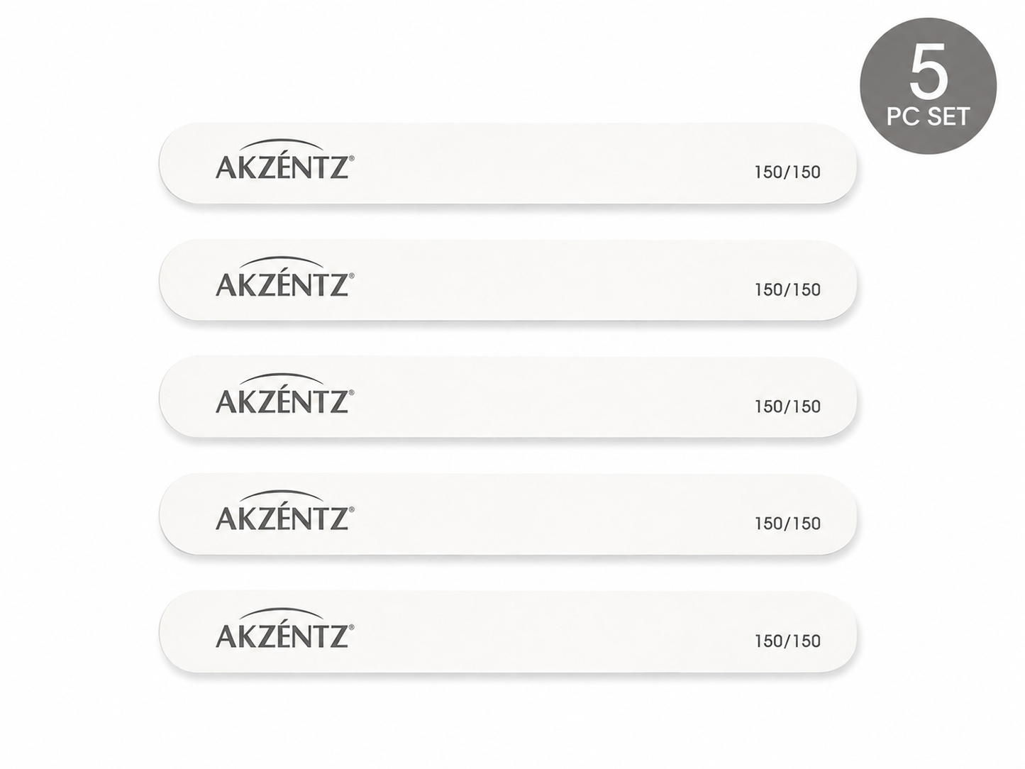 Luxio Akzéntz White Classic nail files, 150/150 grit, 5-pack, for professional nail shaping and buffing.