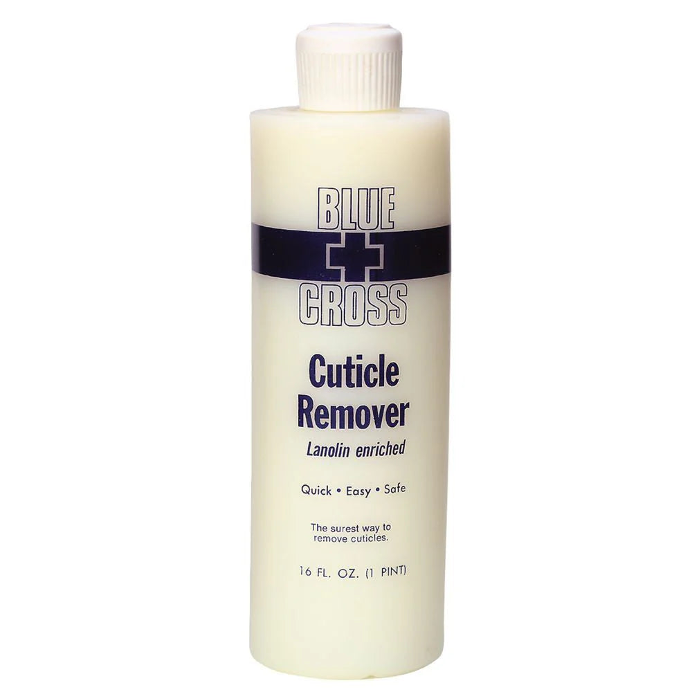 Blue Cross Cuticle Remover by Universal Nail Supplies, lanolin-enriched nail tool in a 16 oz bottle, designed for cuticle removal.