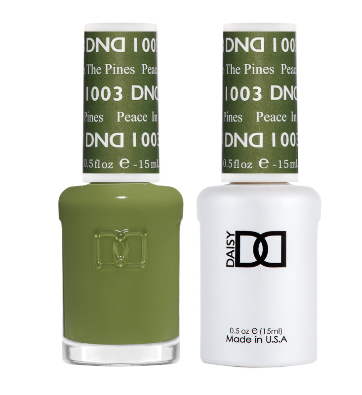 DND Daisy Gel Duo Peace in the Pines nail polish and lacquer set featuring a soft, natural green shade in a clear bottle.