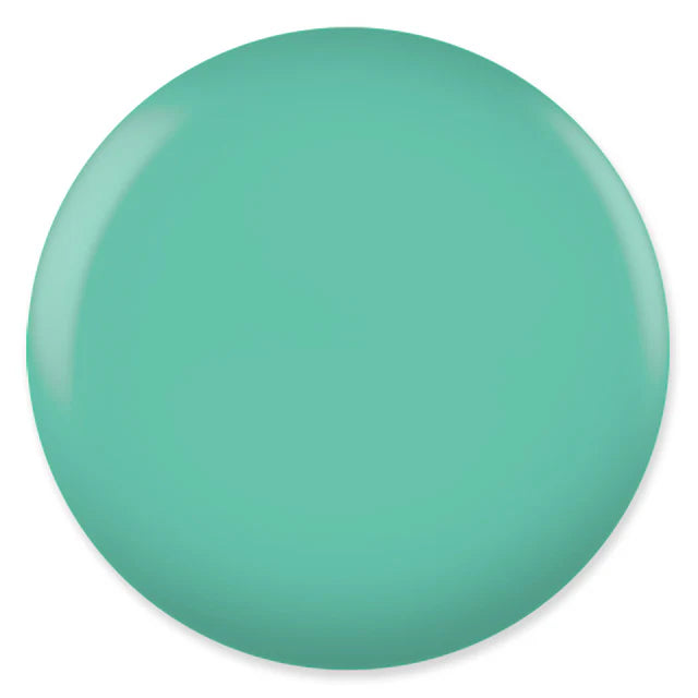 DND DC Gel Duo Mint Green #034 featuring gel nail polish and lacquer swatched side by side on a nail.