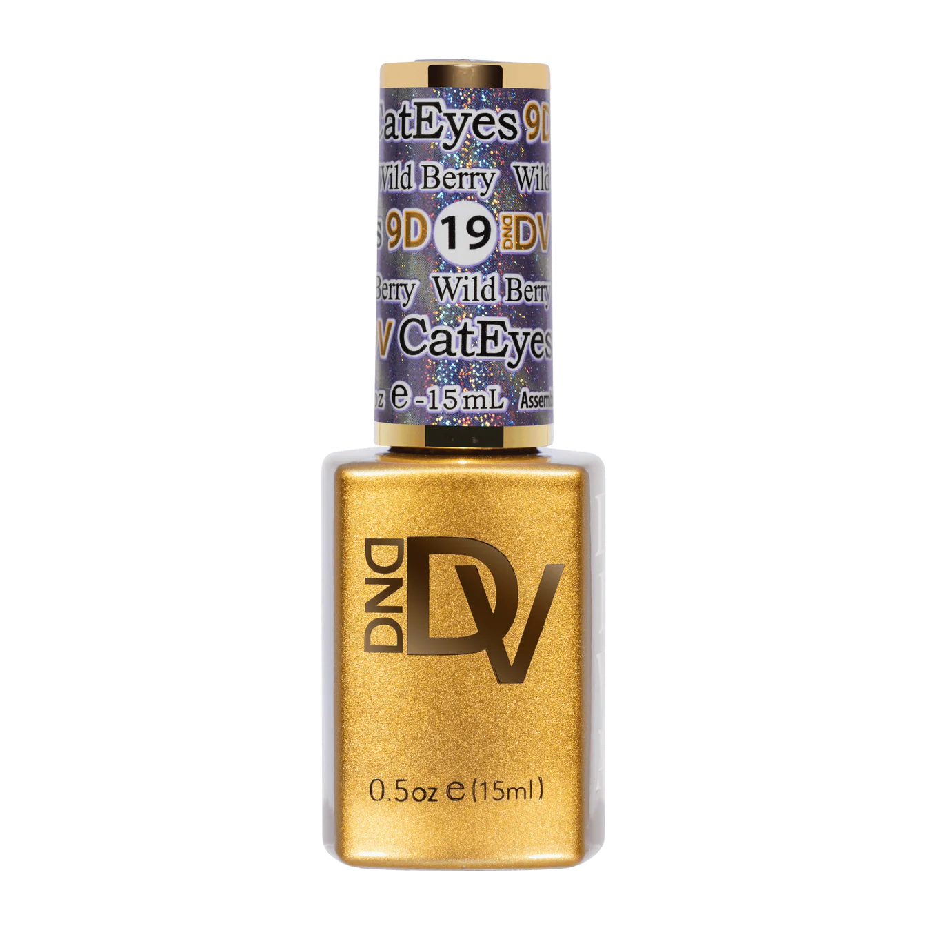 DND Diva 9D Cat Eye Gel Polish in Wild Berry, showcasing vibrant purple gel with glassball shimmer effect.