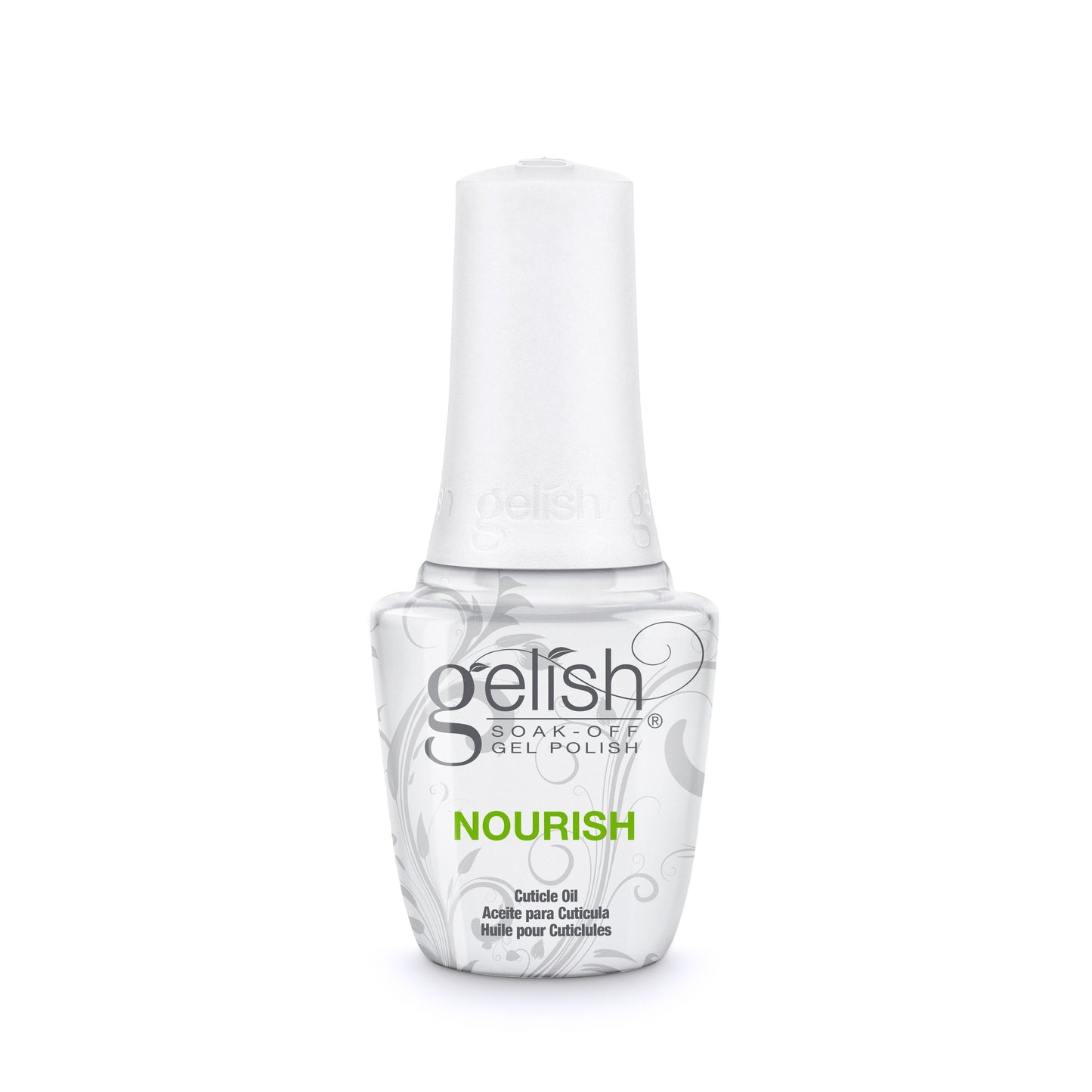Harmony Gelish Nourish Cuticle Oil bottle, designed for nourishing cuticles with gel nail polish formula.