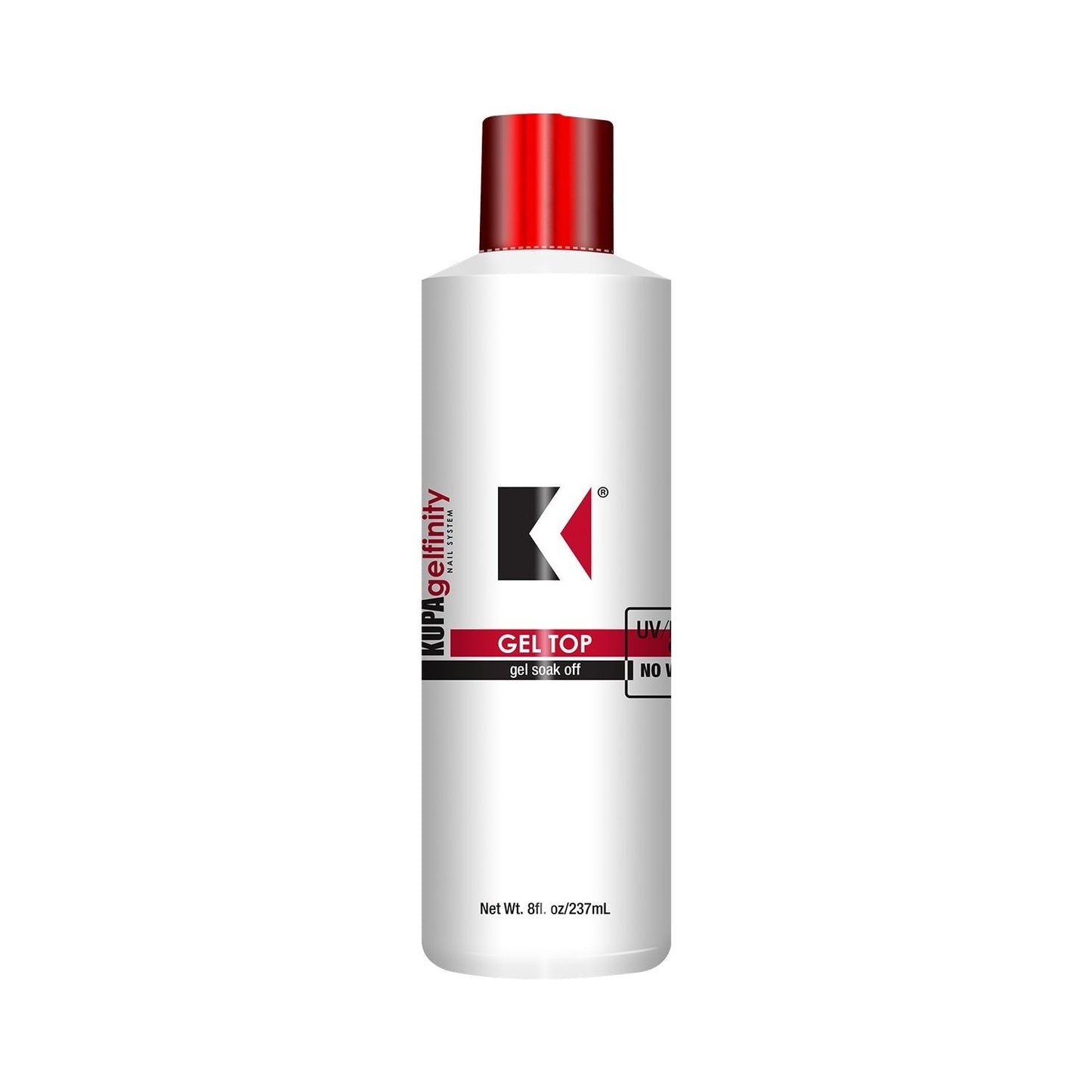 Kupa GelFinity Soak Off Gel Top Coat with glossy finish in 8oz refill bottle, no-wipe base and top coat for gel nails.