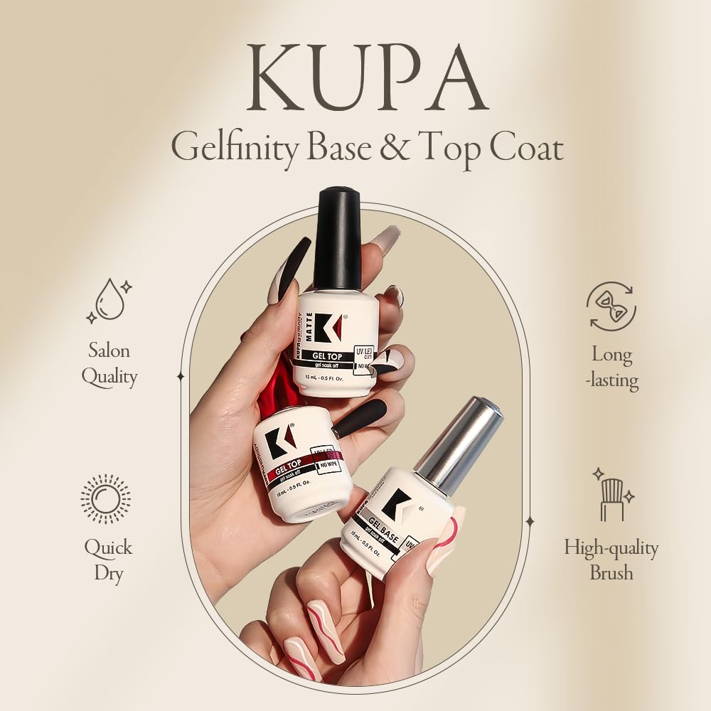 KUPA Gelfinity - Soak Off Gel - Base & Glossy Top & Matte Top Coat (No-Wipe) 0.5 Fl Oz - Universal Nail Supplies