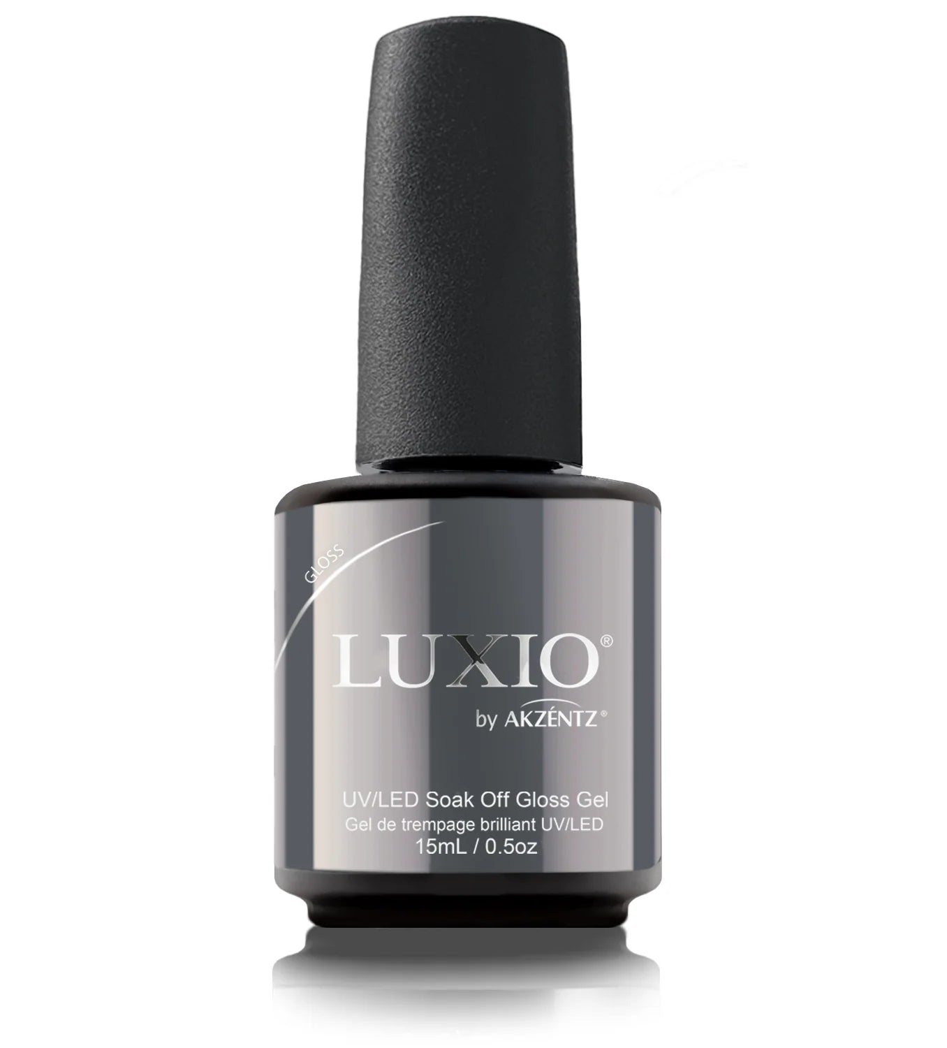 Luxio Gel Gloss soak-off top coat in 15mL bottle, clear gel polish for shiny, durable nails, free from TPO chemicals.