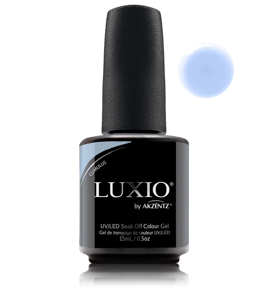 Luxio Soak-Off Gel Polish Cumulus 15ml bottle with white cap and clear label, showcasing the Luxio brand and gel polish packaging.