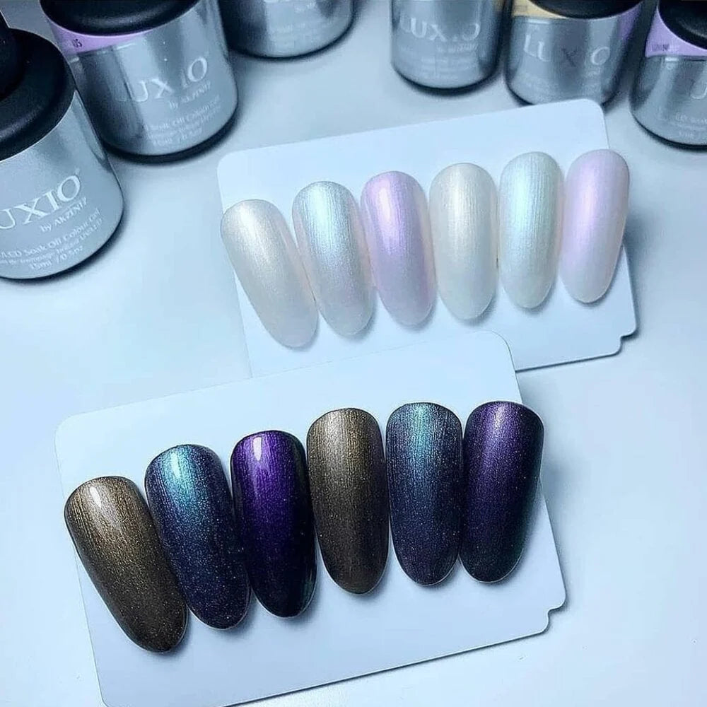 Luxio Soak-Off Gel Polish Effects Blue 15ml bottle showing the vibrant blue gel polish with branding and product label.