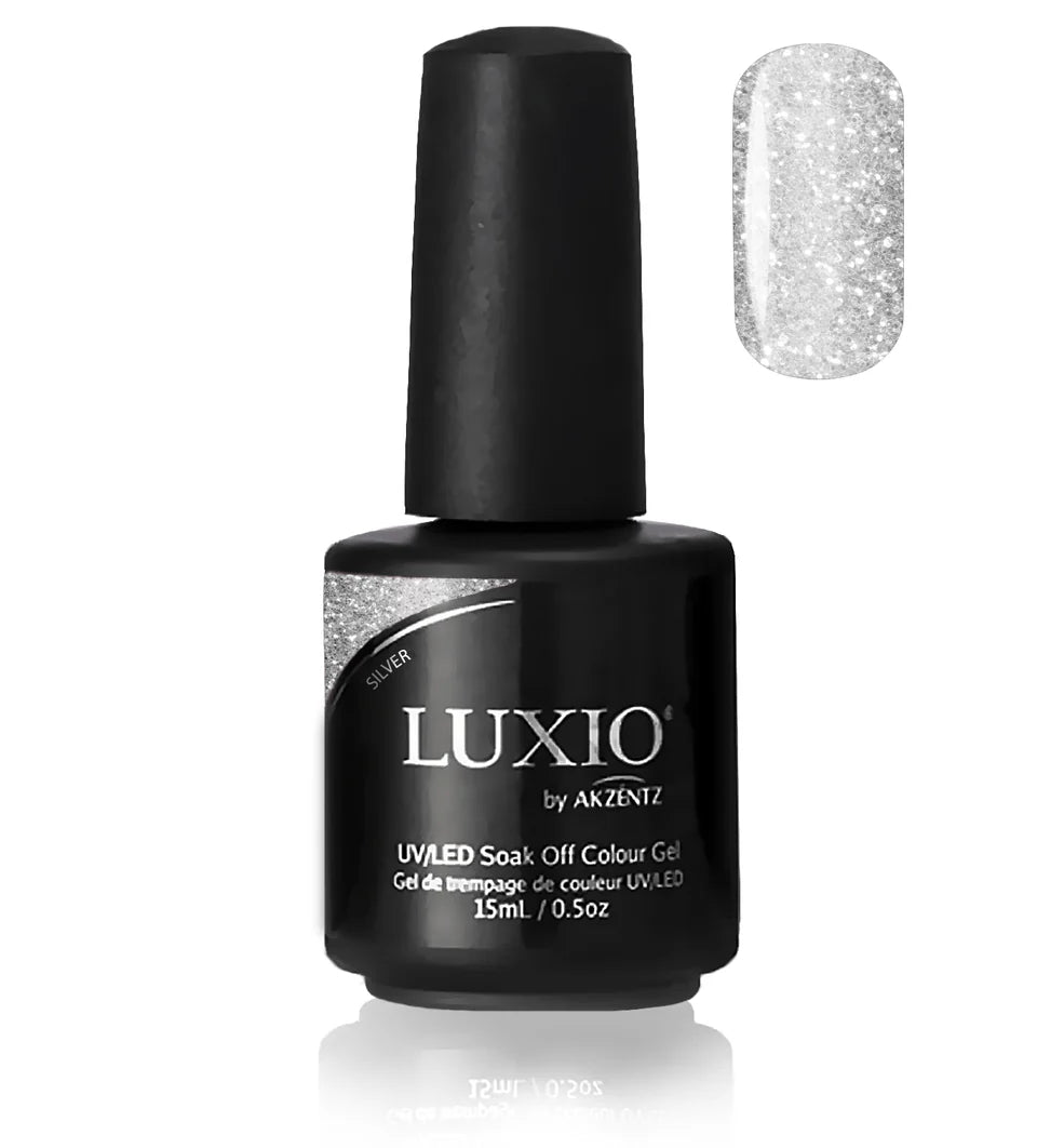 Luxio Soak-Off Gel Polish in Silver Glitter, 15ml, showcasing a sparkly, metallic nail polish with glitter particles.