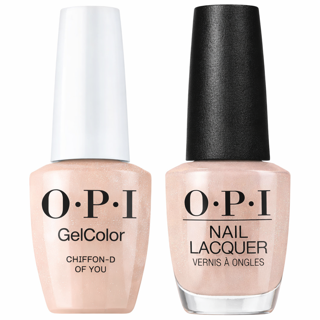 OPI Intelli-Gelcolor gel nail polish and matching lacquer in Chiffon-d of You, featuring a soft, elegant pink shade with glossy finish.