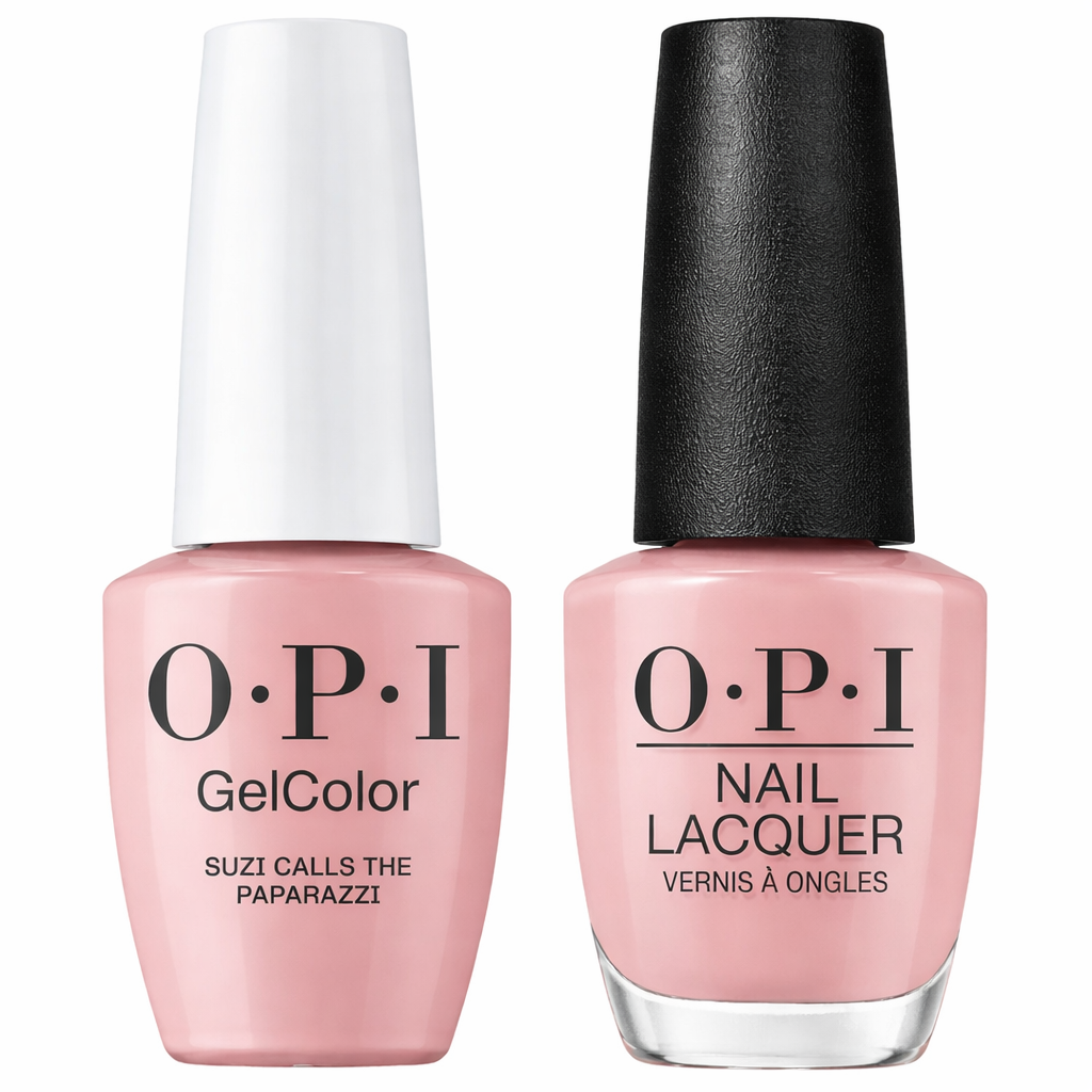OPI Intelli-Gelcolor gel nail polish and matching lacquer in Suzi Calls the Paparazzi, vibrant pink shade with glossy finish