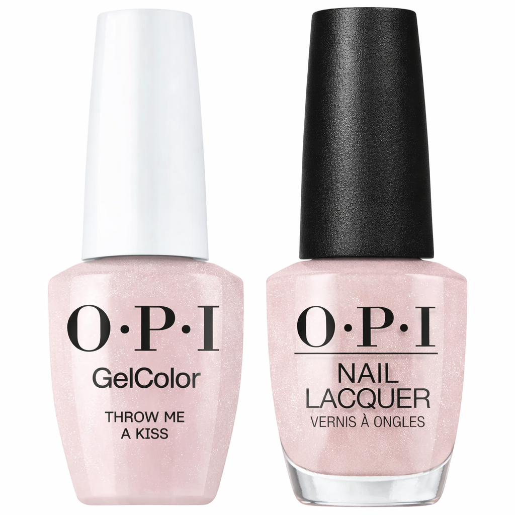 OPI Intelli-Gelcolor gel nail polish and matching lacquer in Throw Me A Kiss #SH2, with applied pink and nude nail design