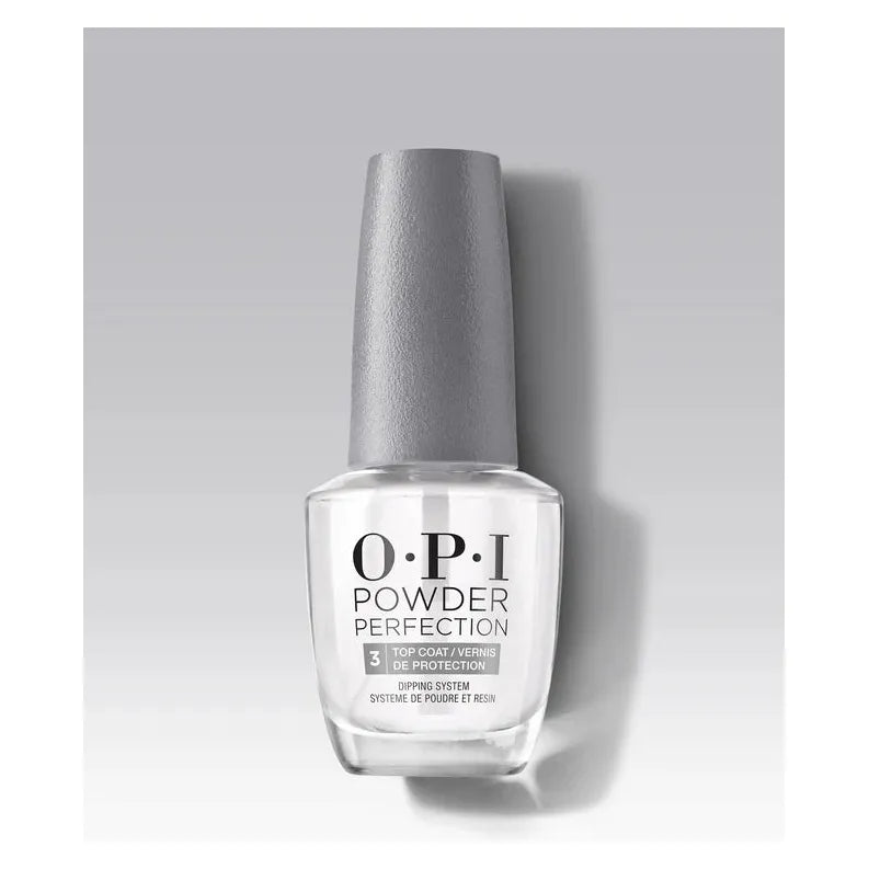 OPI Powder Perfection 3 Top Coat for powder nail color, showing a clear, glossy top coat applied over nails.