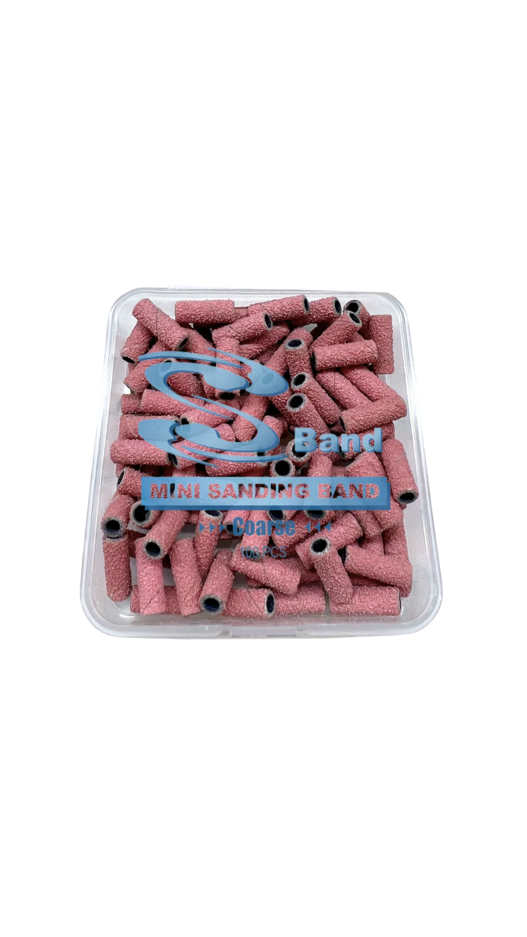 Pink UNS Sband Mini Sanding Bands for nails, coarse grit, 100-pack, used for nail shaping and buffing with nail tools