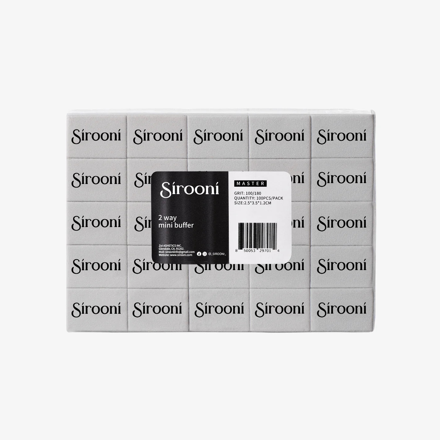 Sirooni Mini Rectangle Nail Buffer in grey with 100/180 grit, shown in a pack of 100 pieces, used for nail shaping and smoothing.