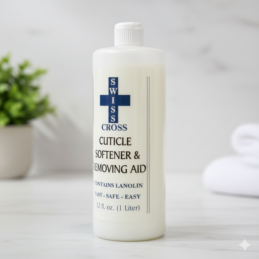Swiss Cross Cuticle Softener and Remover 32oz bottle, used for nail care and cuticle softening, with a clear label and cap.