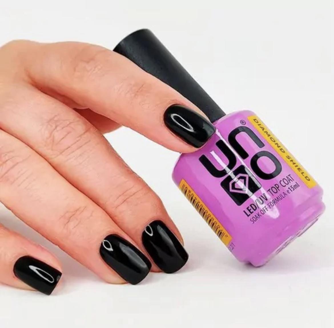 Uno Professional UNO Diamond Sheld Top Coat 15ml LED UV bottle showing the clear, glossy top coat with branding and product details.