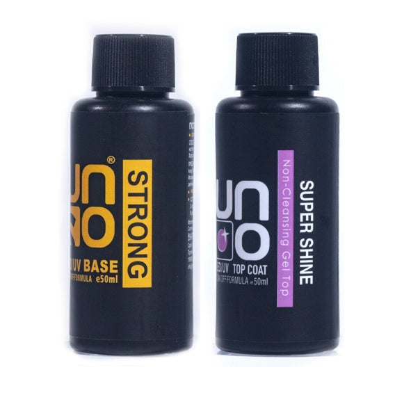 Uno Professional UNO Gel Rubber Strong Base and Super Shine No-Cleanse Top Coat in 50ml bottles, with glossy, smooth nails.