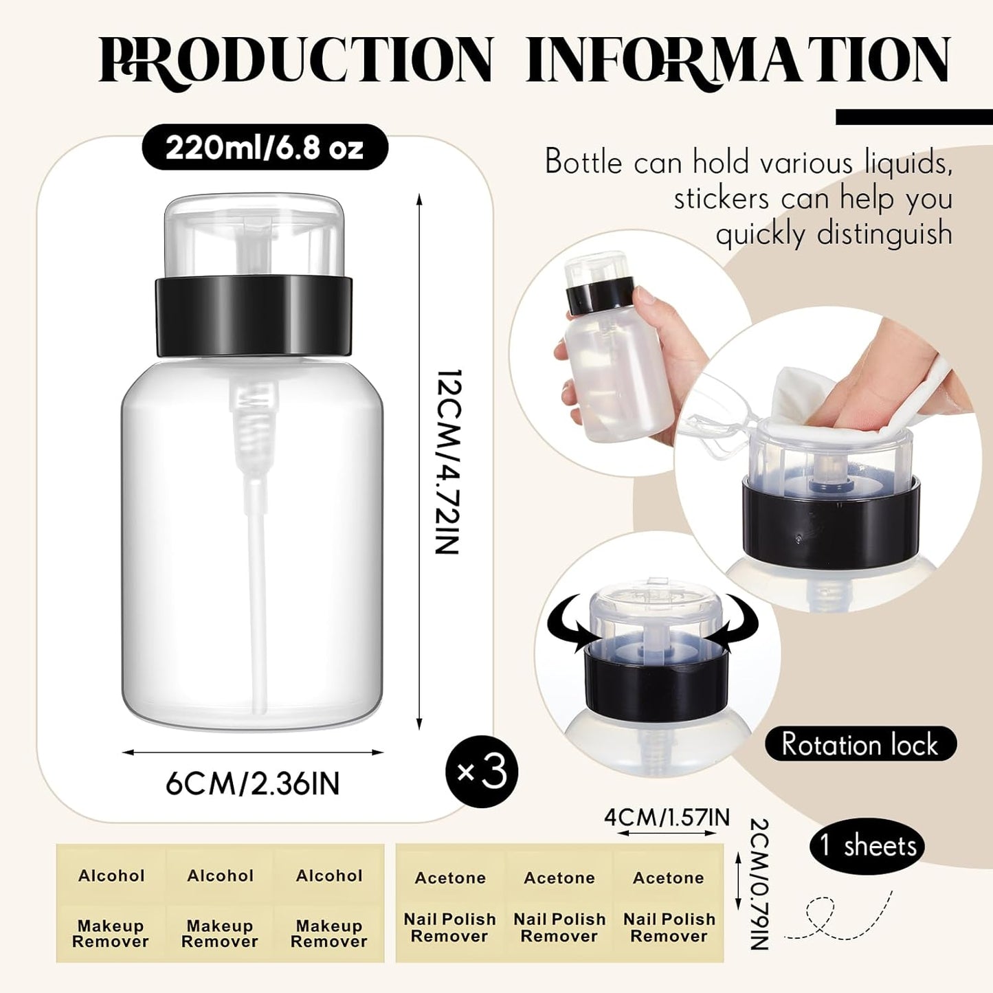 UNS 3-pack 6.8oz push-down lockable pump dispenser bottles for nail art, featuring clear plastic containers with black pump tops.