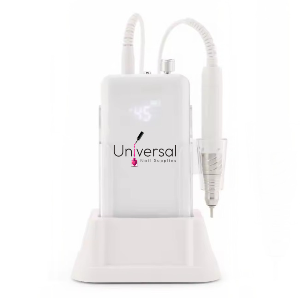 UNS high-quality white nail drill machine with ergonomic design, featuring a handpiece and control buttons for professional nail care.