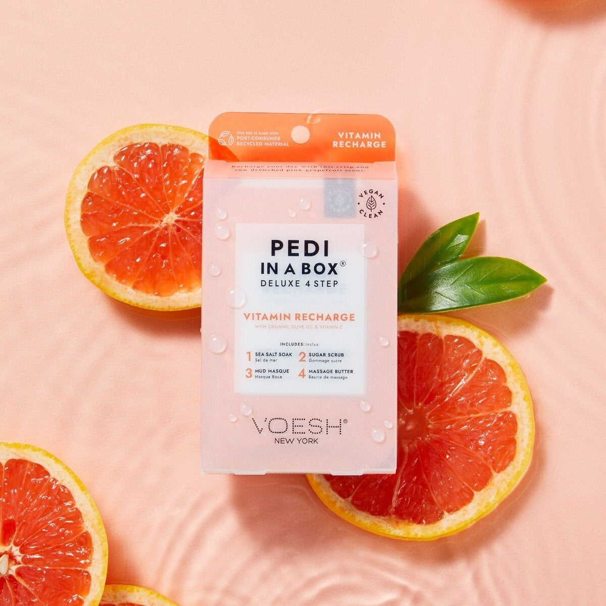 Voesh Pedi In a Box Vitamin Recharge 4 Step kit with foot soak, scrub, mask, and moisturizer for at-home pedicure care.