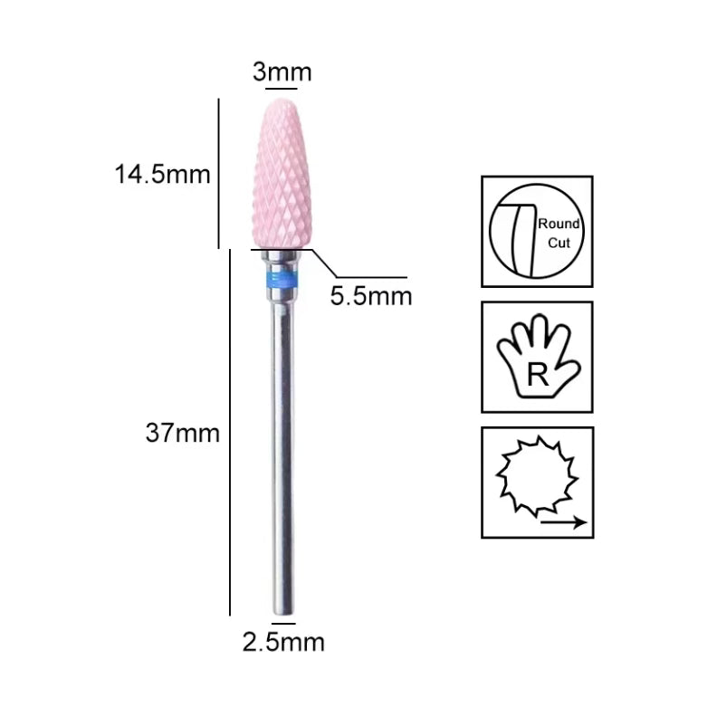 Pink ceramic nail drill bit by UNS, fine nail filing bit with smooth grinding surface for manicures and nail extensions.
