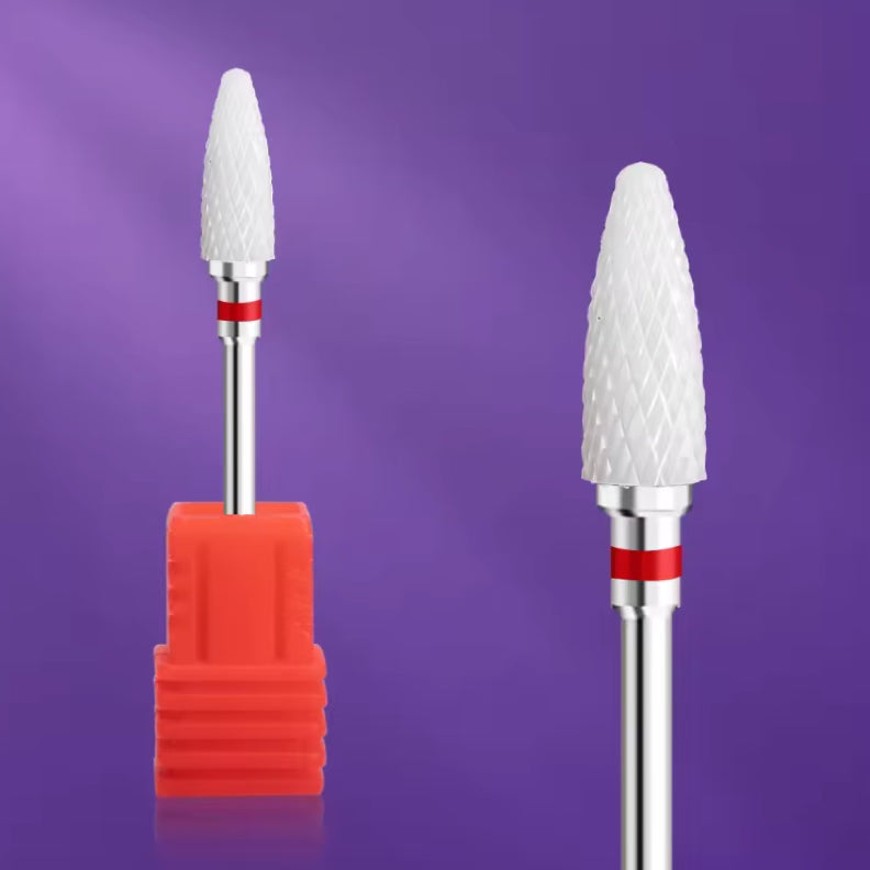 UNS ceramic nail drill bit, fine grit nail filing bit for precise shaping and smoothing of nails in a professional manicure.