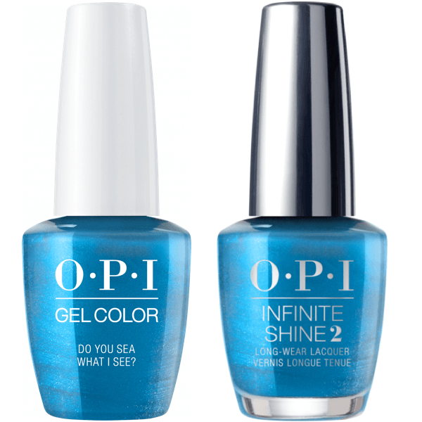 OPI GelColor and Infinite Shine gel nail polish in Do You Sea What I Sea? #F84, showing the vibrant blue-green shade and glossy finish.