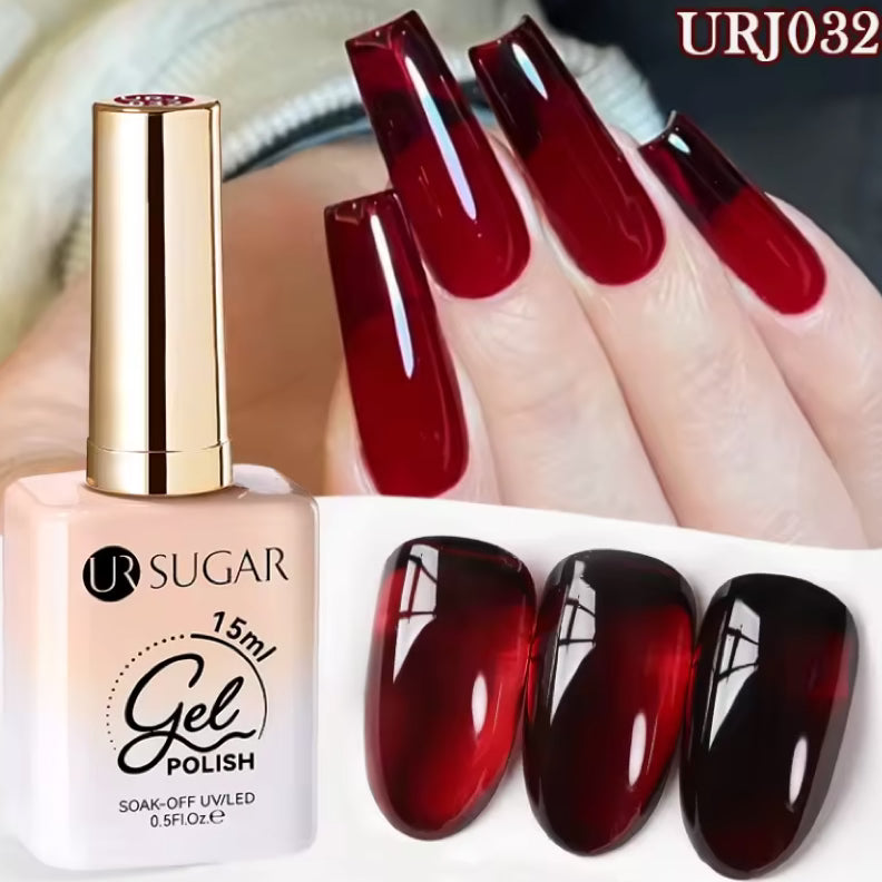 UNS Translucent Cherry Red Nail Gel showing smooth, glossy gel with vibrant cherry red color in a clear container.