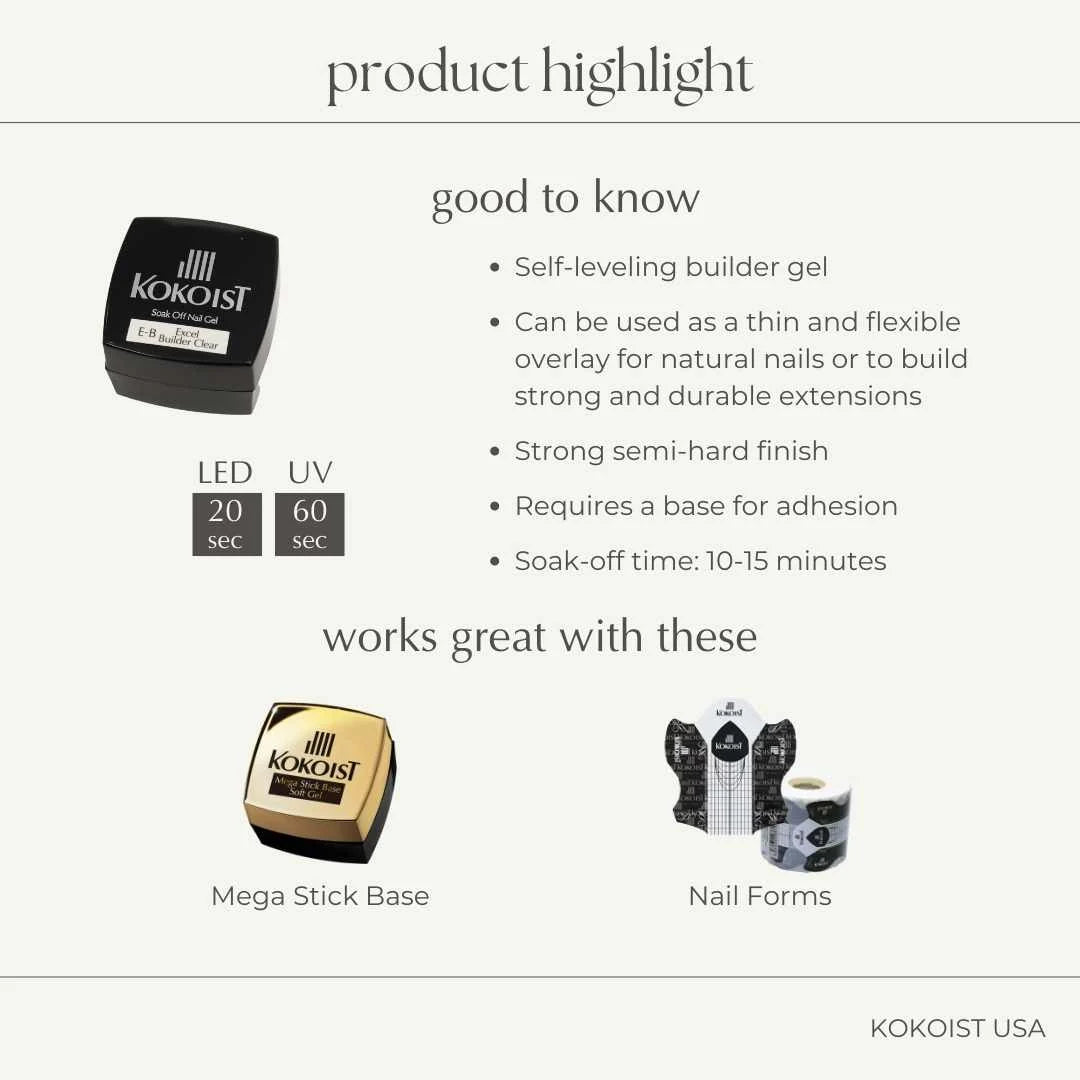 Kokoist USA E-B Excel Builder Clear 20g nail base and top coat bottle with applicator brush.