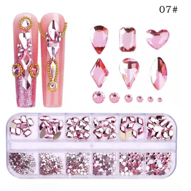 Sofi-Art New Multi Shapes Nail Art Rhinestones – Rose Pink (12-grid box) - Universal Nail Supplies