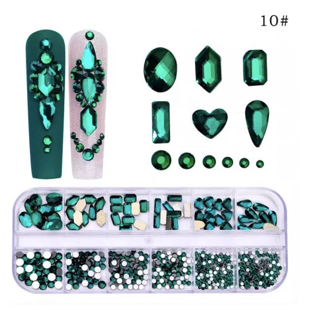 Sofi-Art New Multi Shapes Nail Art Rhinestones – Emerald Green (12-grid box) - Universal Nail Supplies