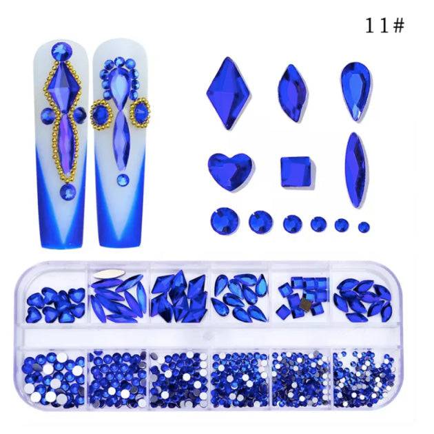 Sofi-Art New Multi Shapes Nail Art Rhinestones – Royal Blue (12-grid box) - Universal Nail Supplies