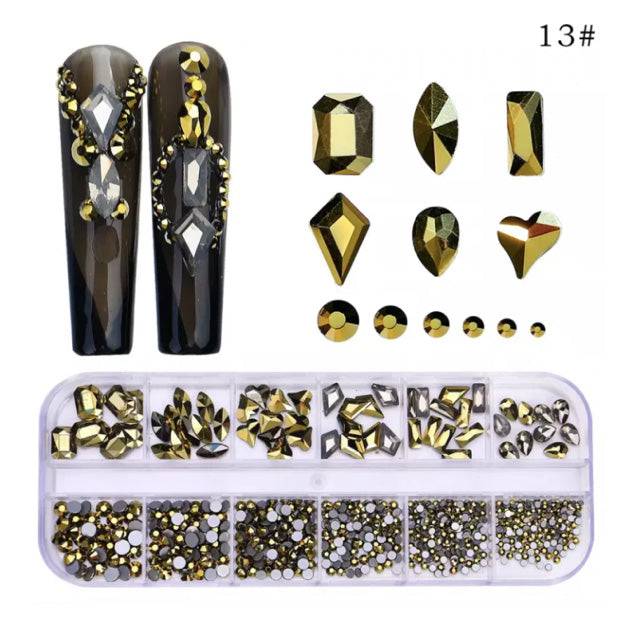 Sofi-Art New Multi Shapes Nail Art Rhinestones – Black Gold (12-grid box) - Universal Nail Supplies