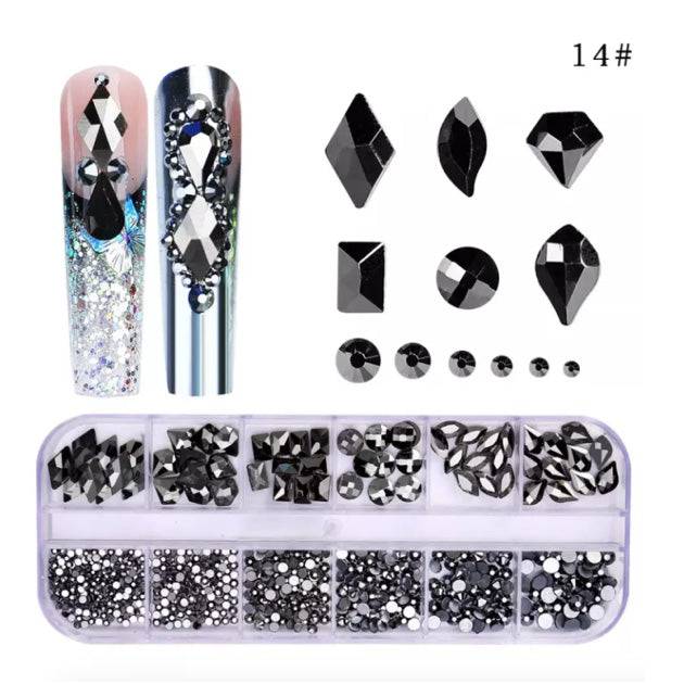 Sofi-Art New Multi Shapes Nail Art Rhinestones – Black (12-grid box) - Universal Nail Supplies