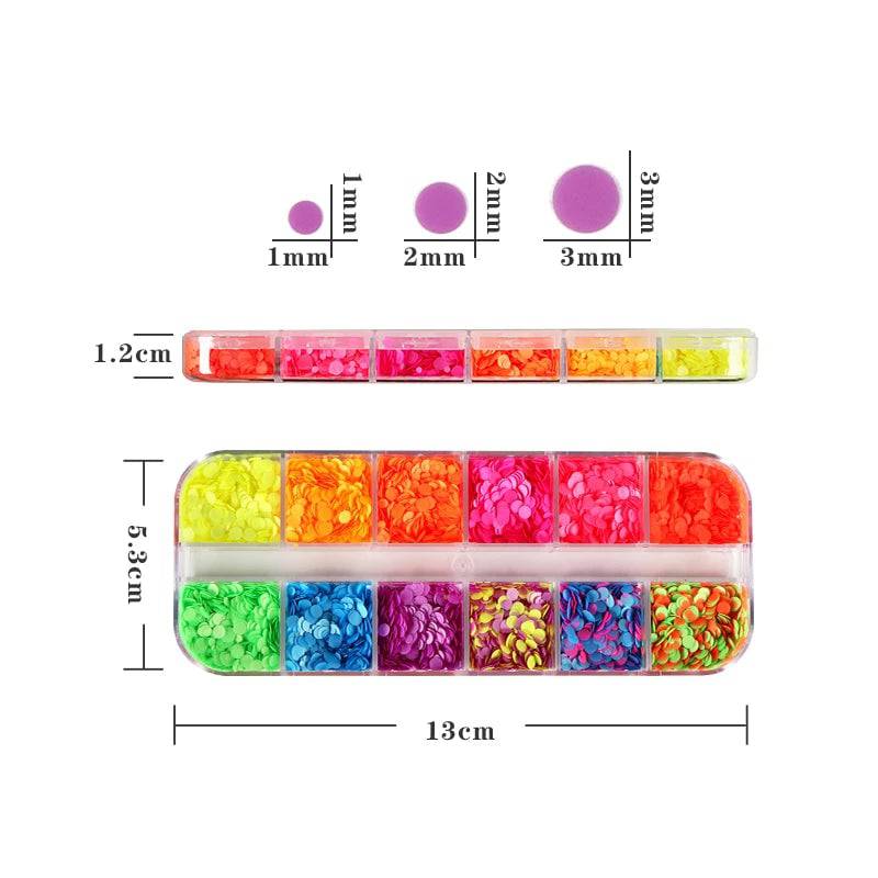 Fluorescent Round Nail Art Sequins Mixed Size Neon Circle Shapes Colorful Glitter Flakes - Universal Nail Supplies