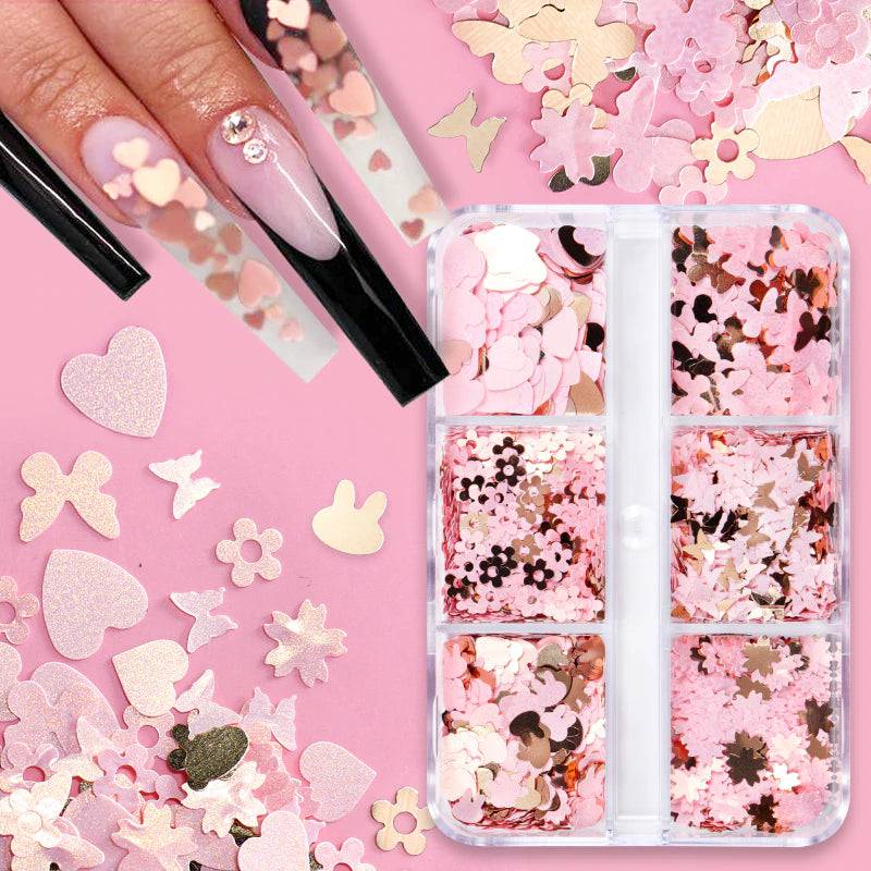 6 Grids Pink Gold Butterfly Flower Nail Art Glitter Sequins Decoration Mixed Cherry Blossoms Flakes 3D - Universal Nail Supplies