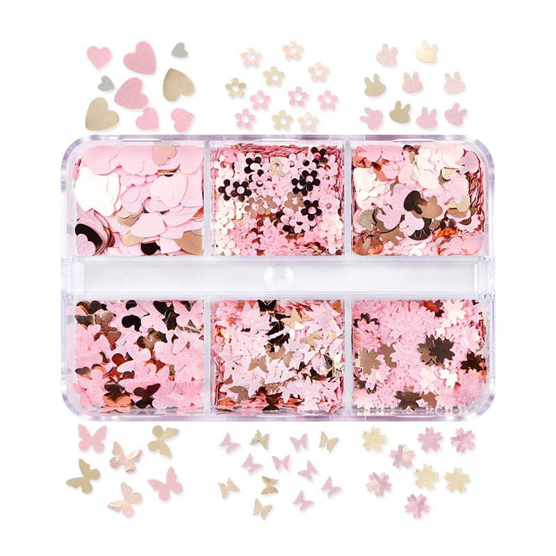 6 Grids Pink Gold Butterfly Flower Nail Art Glitter Sequins Decoration Mixed Cherry Blossoms Flakes 3D - Universal Nail Supplies