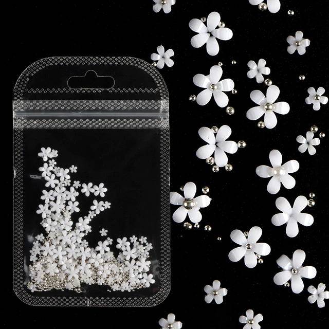 White Acrylic Flower Nail Art Charm Decoration Mixed Size Steel Ball For Manicure Design - Universal Nail Supplies